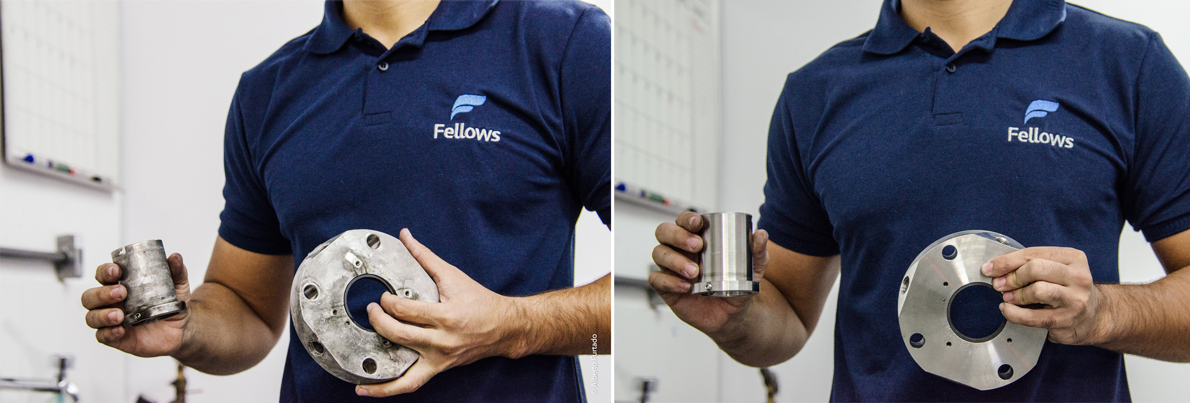 Equipe técnica Fellows com componentes recuperados de selo mecânico